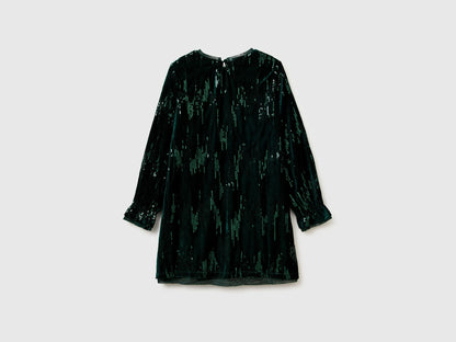 Benetton Dark Green Girls Velvet Dress with Sequins SKU: 4OZGCV03P_901 Image 02