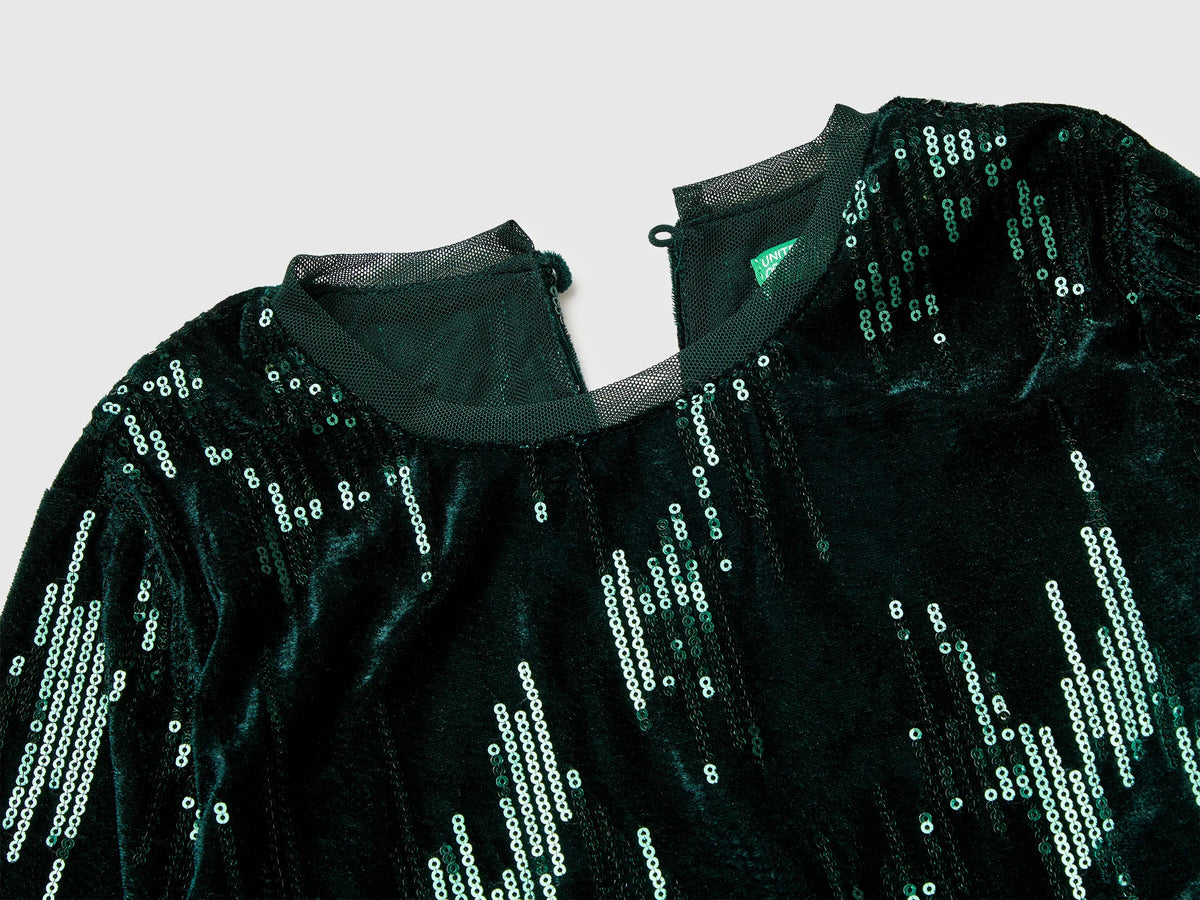 Benetton Dark Green Girls Velvet Dress with Sequins SKU: 4OZGCV03P_901 Image 03
