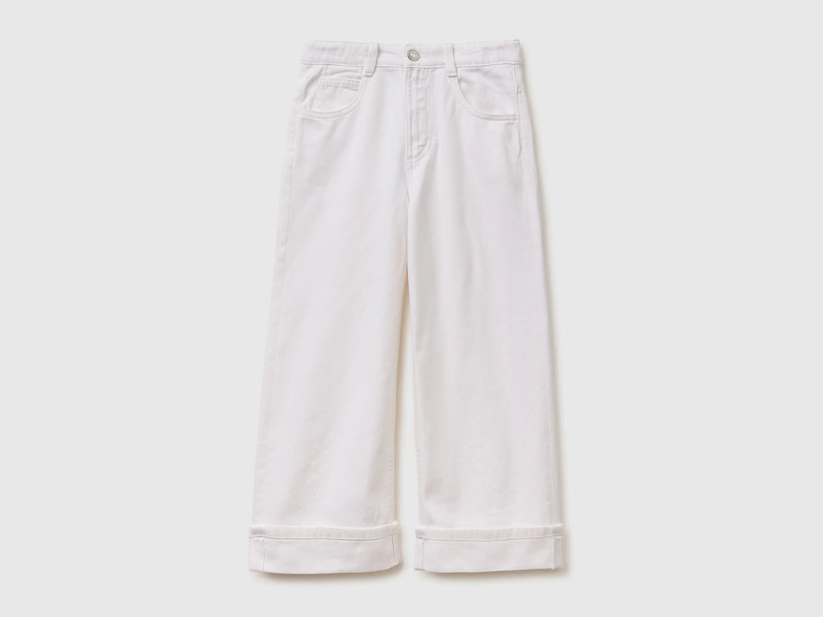 Benetton White Girls Wide-Fit Trousers with Cuffs SKU: 4PYACE04P_701 Image 01