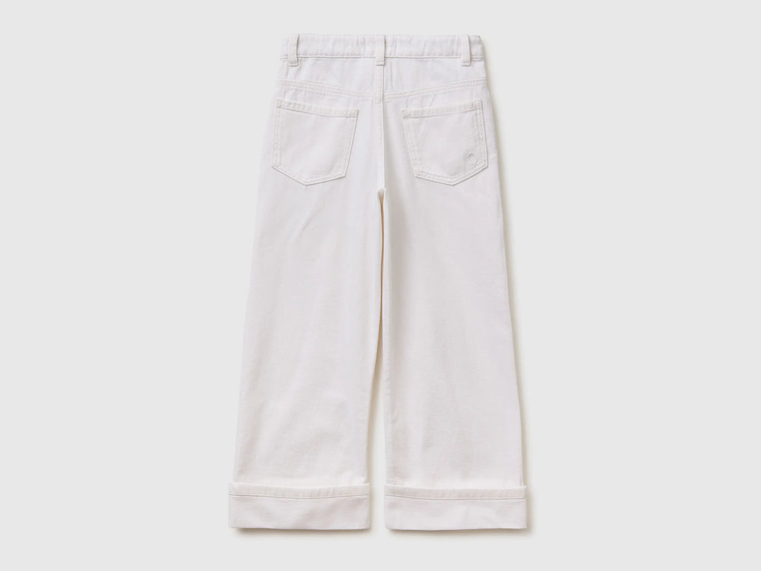 Benetton White Girls Wide-Fit Trousers with Cuffs SKU: 4PYACE04P_701 Image 02