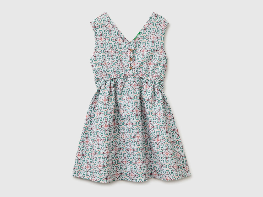 Benetton Aqua Girls Floral Dress in Linen Blend SKU: 4QBQCV03U_68D Image 01