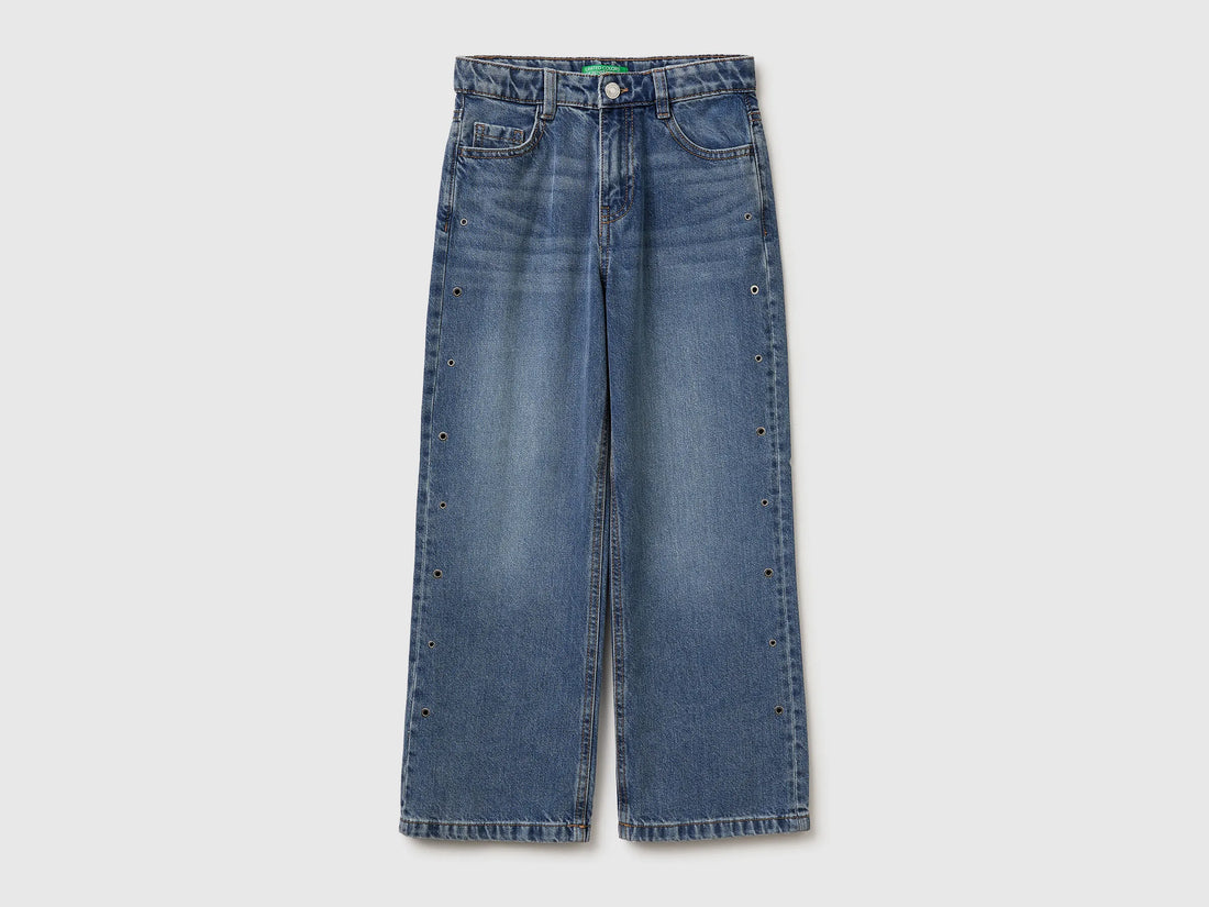 Benetton Light Blue Girls Straight Jeans with Eyelets SKU: 4R76CE04O_901 Image 01