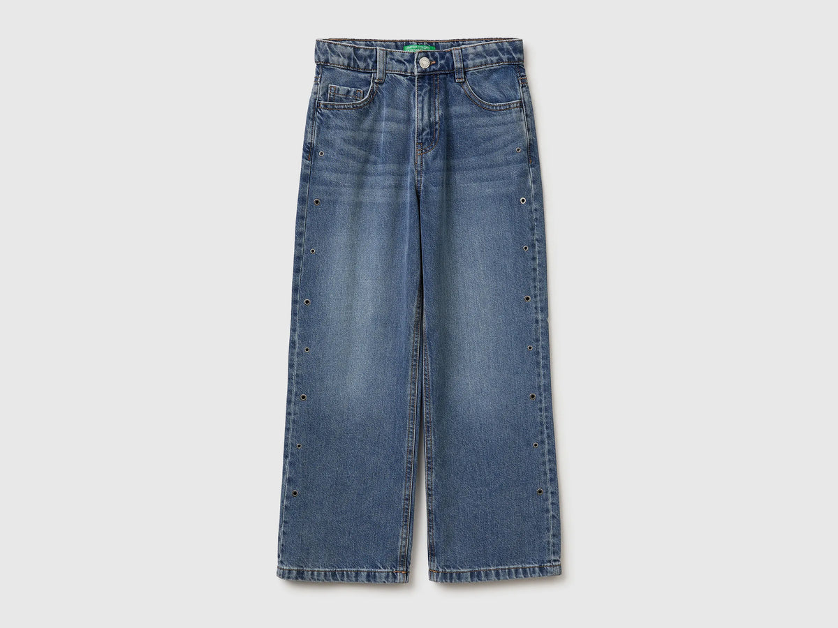 Benetton Light Blue Girls Straight Jeans with Eyelets SKU: 4R76CE04O_901 Image 01
