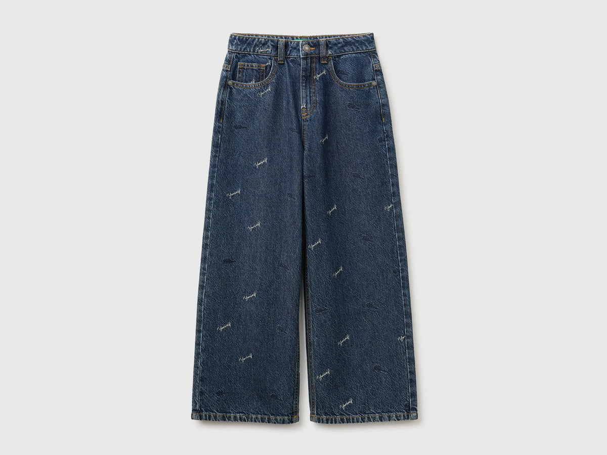 Benetton Dark Blue Girls Wide-Fit Jeans with Embroidery SKU: 4TJYCE052_901 Image 01
