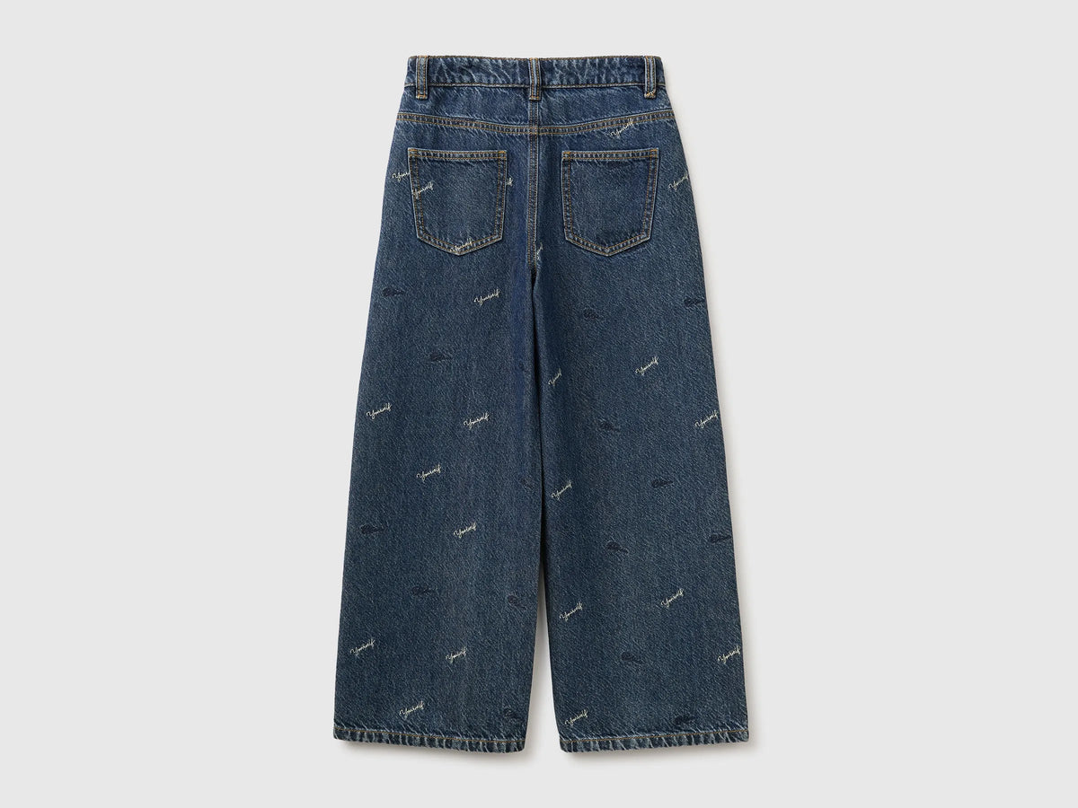 Benetton Dark Blue Girls Wide-Fit Jeans with Embroidery SKU: 4TJYCE052_901 Image 02