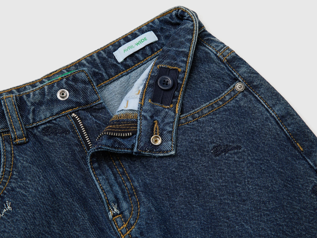 Benetton Dark Blue Girls Wide-Fit Jeans with Embroidery SKU: 4TJYCE052_901 Image 03