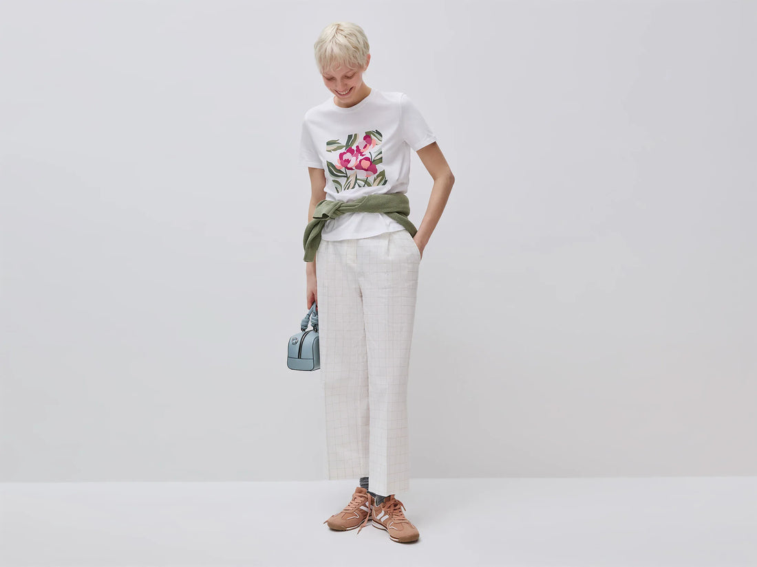 Benetton Creamy White Women Checkered Trousers SKU: 4V6GDF0BG_901 Image 01