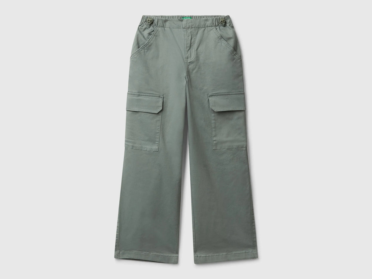 Benetton Military Green Girls Parachute Trousers in Stretch Cotton SKU: 4XZXCF04S_075 Image 01
