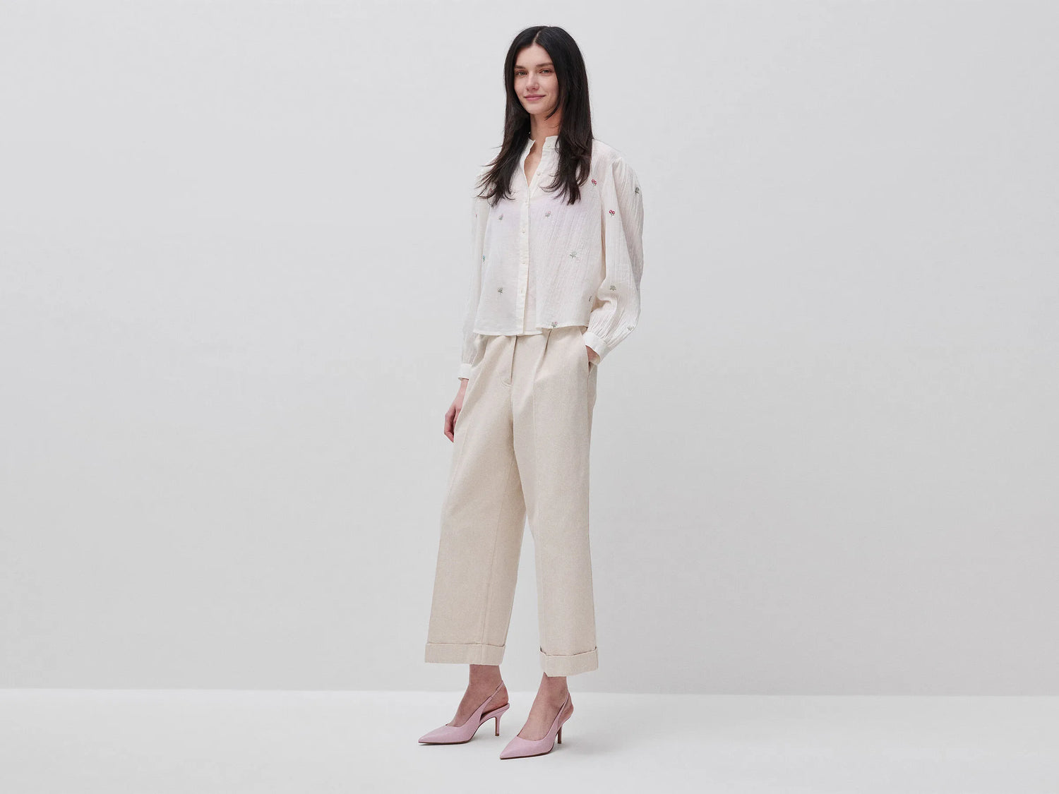Benetton Creamy White Women Shirt with Flowers SKU: 53WFDQ0E2_0R2 Image 03