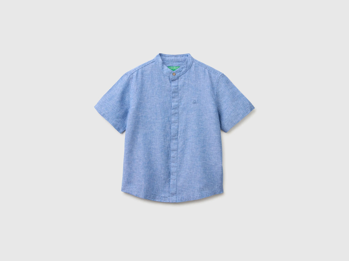 Benetton Light Blue Boys Short-Sleeved Linen Blend Shirt SKU: 55WQCQ04U_901 Image 01