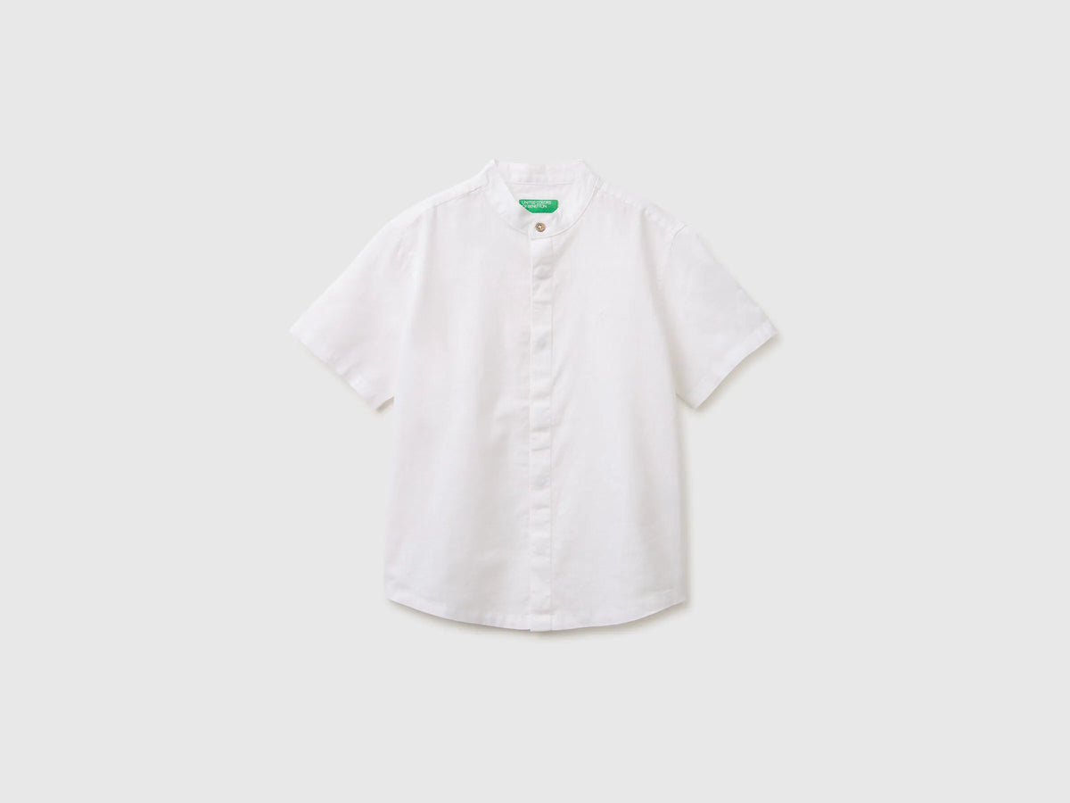Benetton White Boys Short-Sleeved Linen Blend Shirt SKU: 55WQCQ04U_909 Image 01
