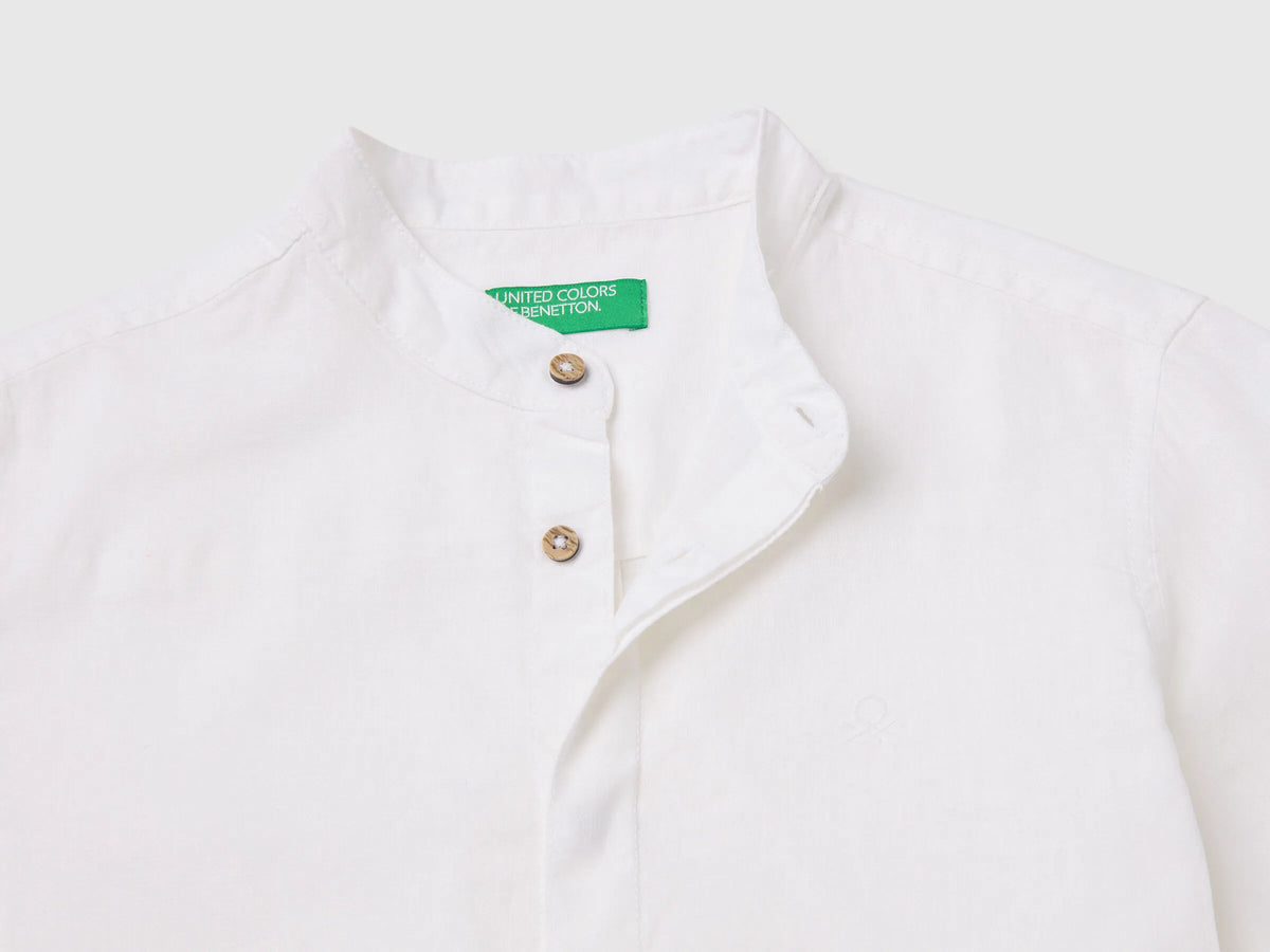 Benetton White Boys Short-Sleeved Linen Blend Shirt SKU: 55WQCQ04U_909 Image 03