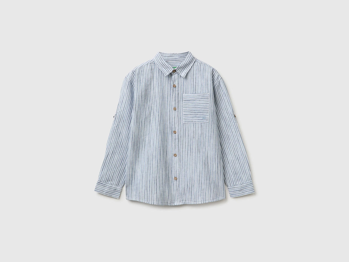 Benetton Light Blue Boys Striped Linen Blend Shirt SKU: 58DNCQ04W_902 Image 01