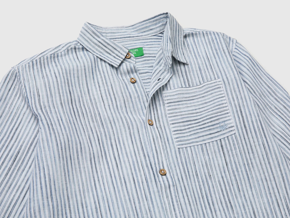 Benetton Light Blue Boys Striped Linen Blend Shirt SKU: 58DNCQ04W_902 Image 03