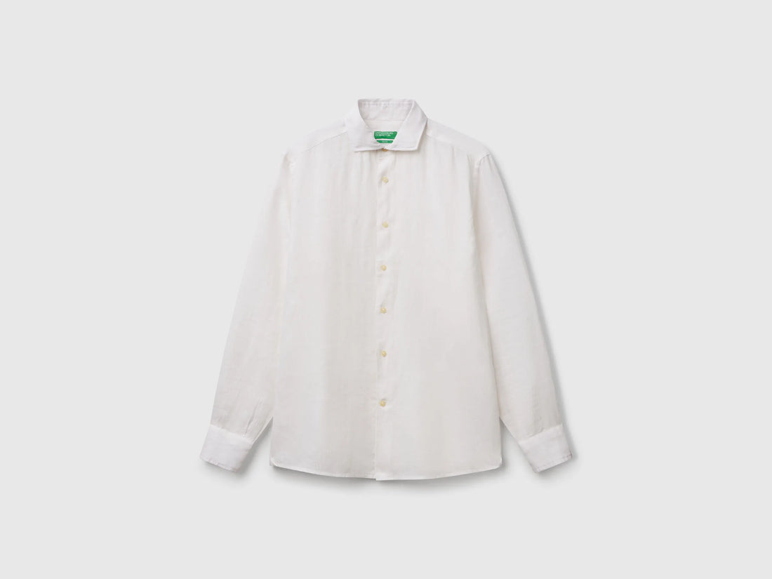 Benetton White Men Shirt in Pure Linen SKU: 5BKUUQ04Q_101 Image 01