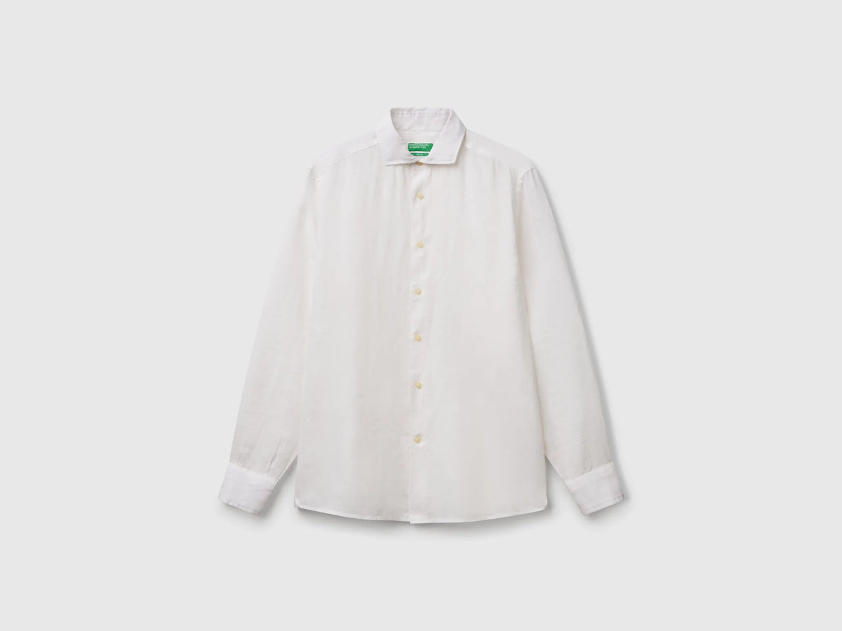 Benetton White Men Shirt in Pure Linen SKU: 5BKUUQ04Q_101 Image 01