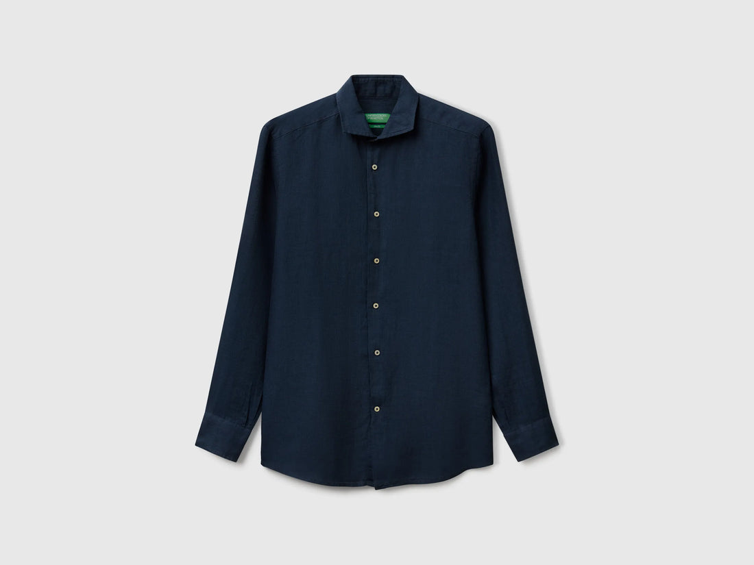 Benetton Dark Blue Men Shirt in Pure Linen SKU: 5BKUUQ04Q_904 Image 01