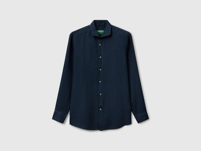 Benetton Dark Blue Men Shirt in Pure Linen SKU: 5BKUUQ04Q_904 Image 01