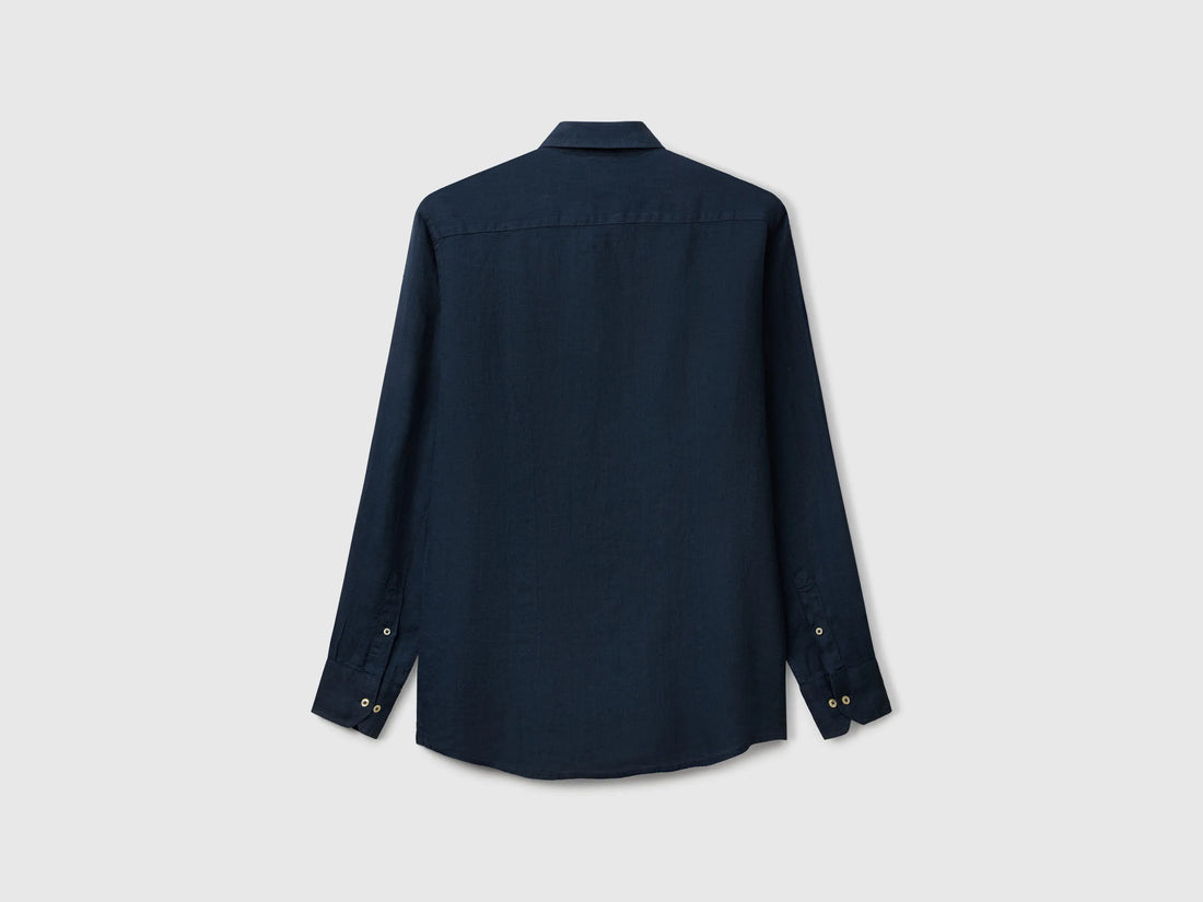 Benetton Dark Blue Men Shirt in Pure Linen SKU: 5BKUUQ04Q_904 Image 02