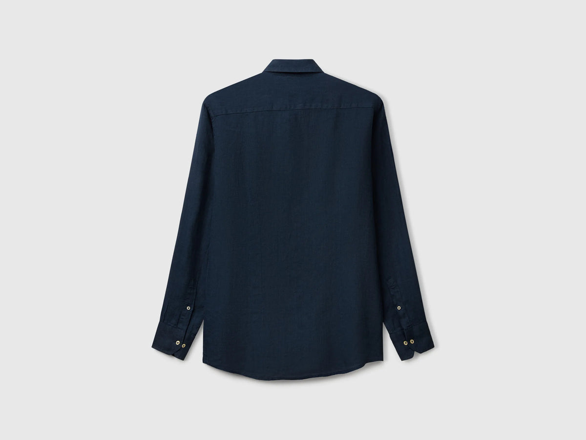 Benetton Dark Blue Men Shirt in Pure Linen SKU: 5BKUUQ04Q_904 Image 02