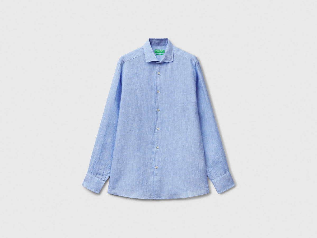 Benetton Light Blue Men Shirt in Pure Linen SKU: 5BKUUQ04Q_907 Image 05