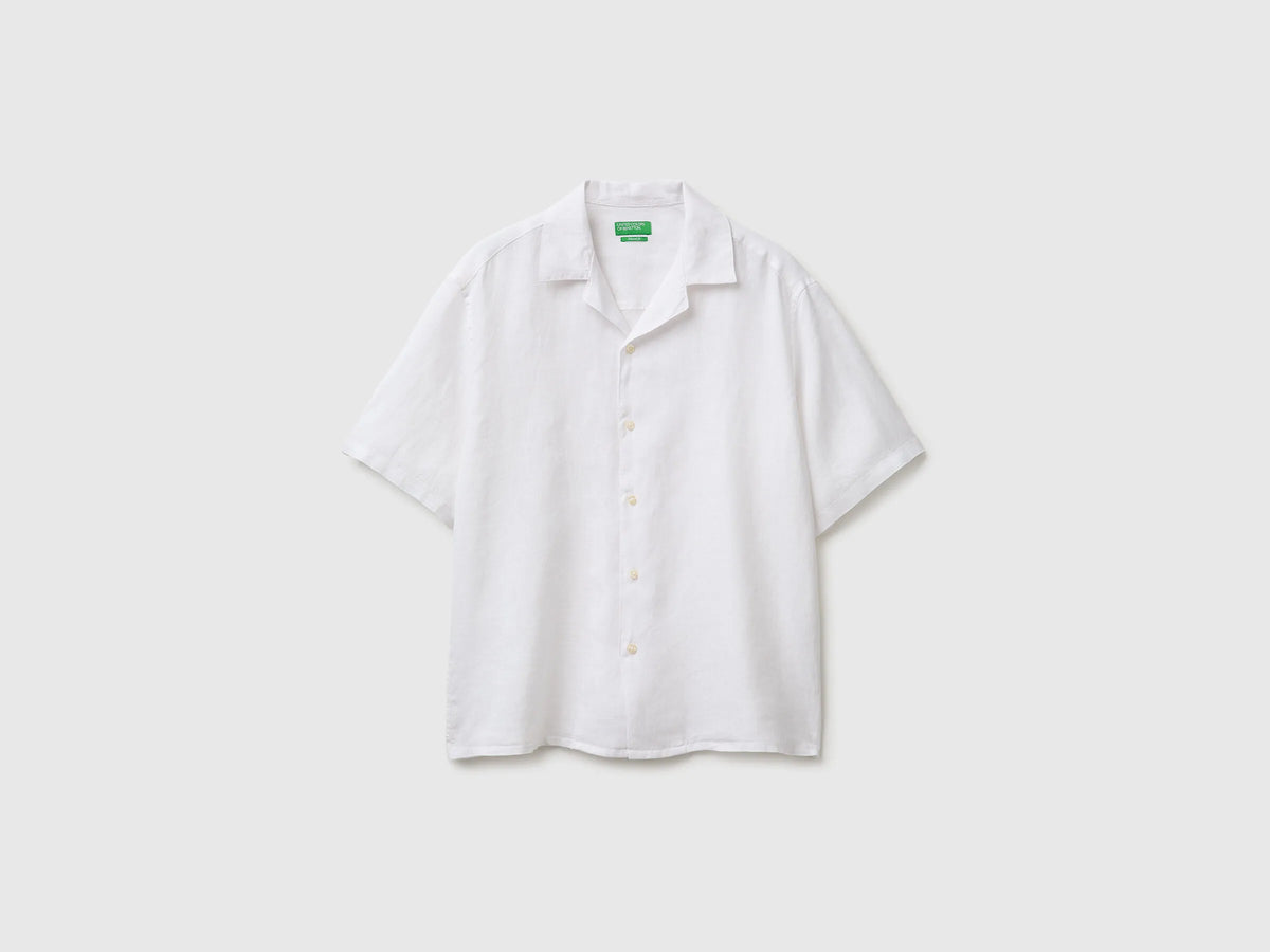 Benetton White Men 100% Linen Short-Sleeved Shirt SKU: 5BKUUQ06S_101 Image 01