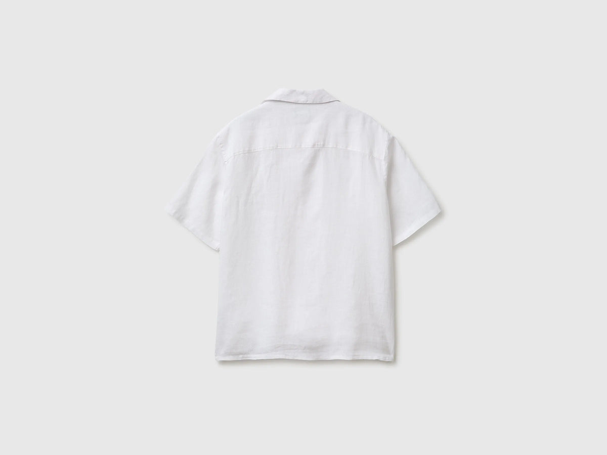 Benetton White Men 100% Linen Short-Sleeved Shirt SKU: 5BKUUQ06S_101 Image 02