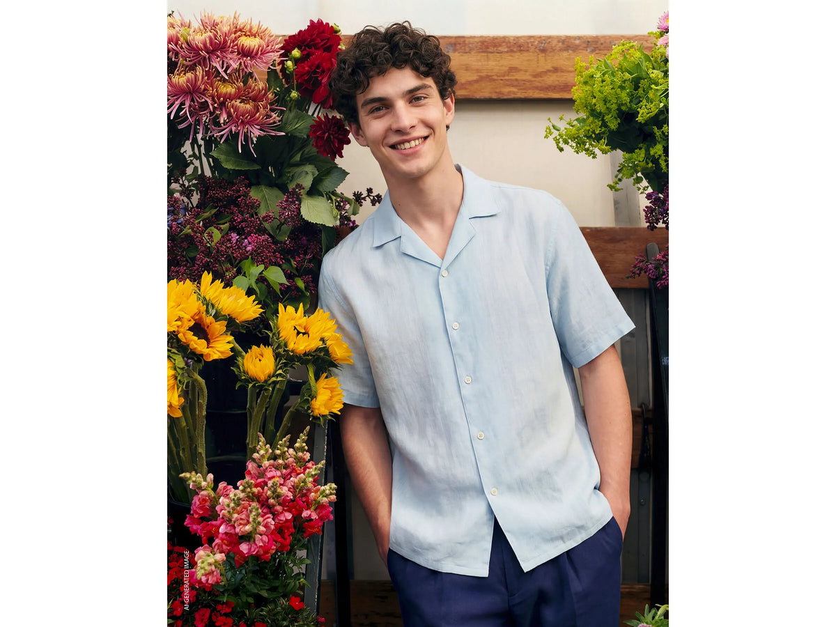 Benetton Sky Blue Men 100% Linen Short-Sleeved Shirt SKU: 5BKUUQ06S_72C Image 01