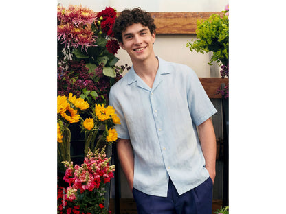 Benetton Sky Blue Men 100% Linen Short-Sleeved Shirt SKU: 5BKUUQ06S_72C Image 01