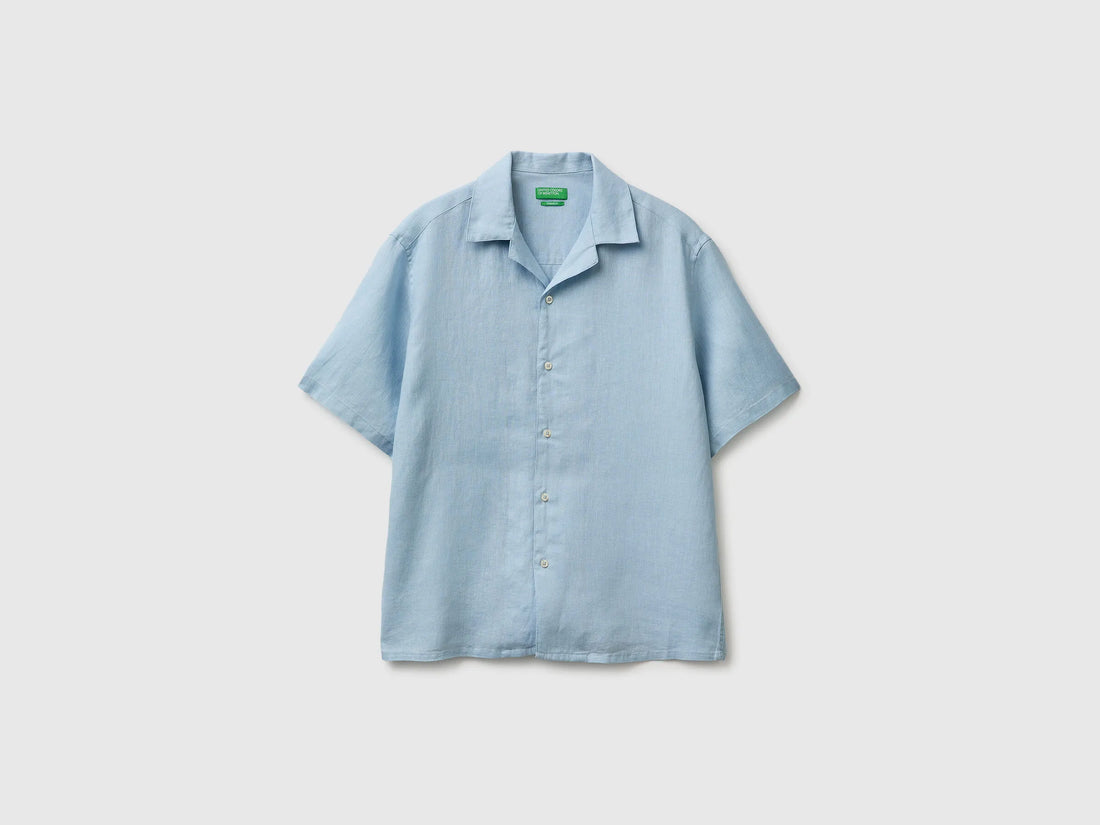 Benetton Sky Blue Men 100% Linen Short-Sleeved Shirt SKU: 5BKUUQ06S_72C Image 02