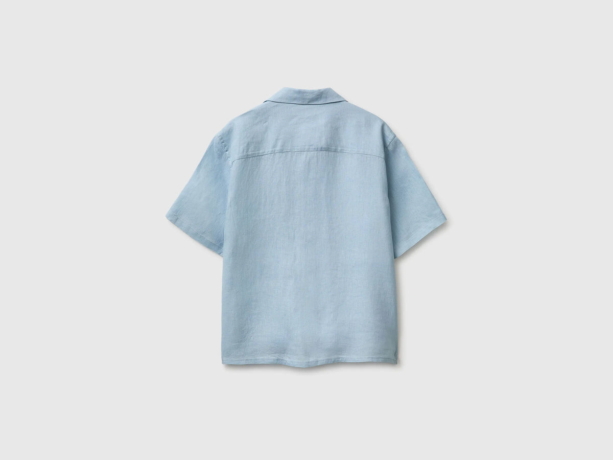 Benetton Sky Blue Men 100% Linen Short-Sleeved Shirt SKU: 5BKUUQ06S_72C Image 03