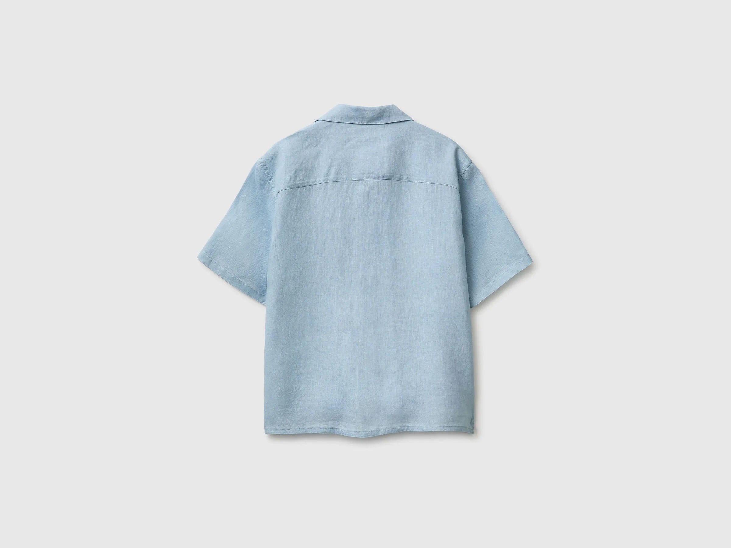 Benetton Sky Blue Men 100% Linen Short-Sleeved Shirt SKU: 5BKUUQ06S_72C Image 03