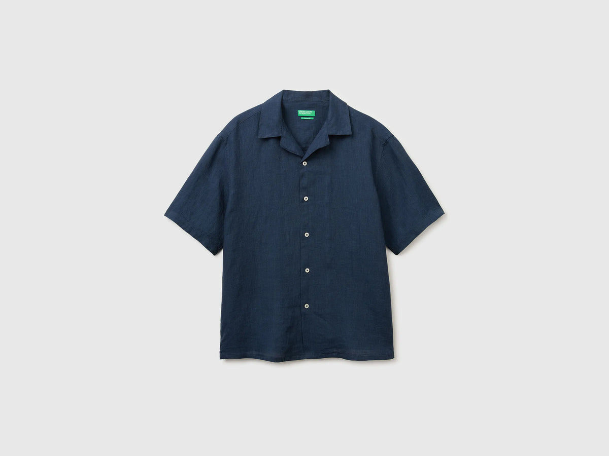 Benetton Dark Blue Men 100% Linen Short-Sleeved Shirt SKU: 5BKUUQ06S_904 Image 01