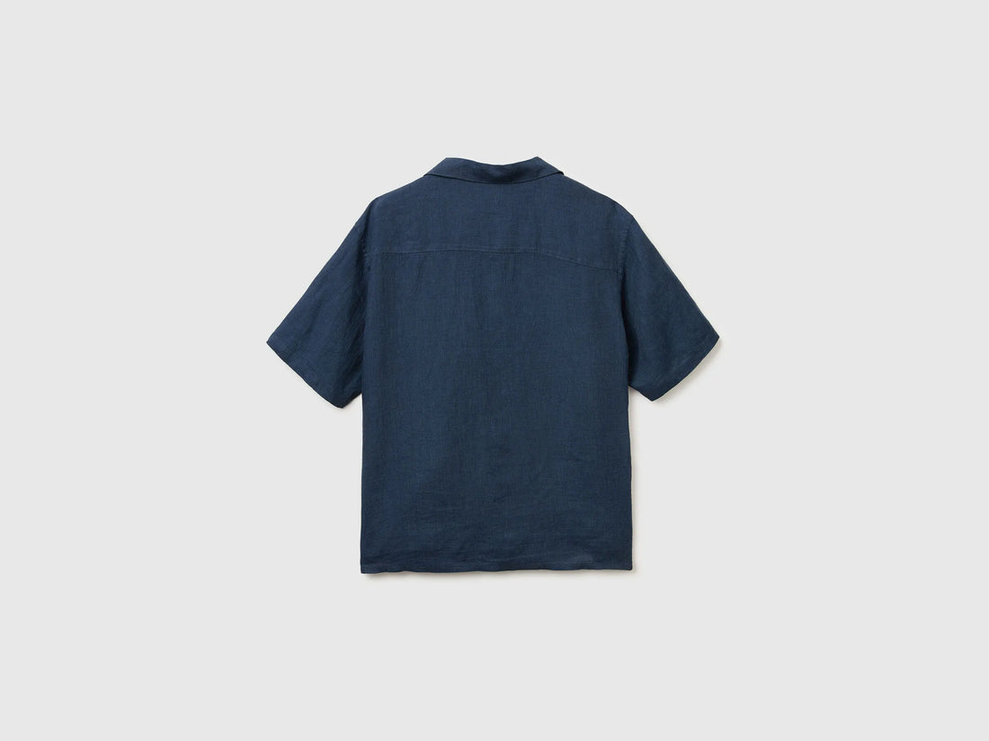 Benetton Dark Blue Men 100% Linen Short-Sleeved Shirt SKU: 5BKUUQ06S_904 Image 02