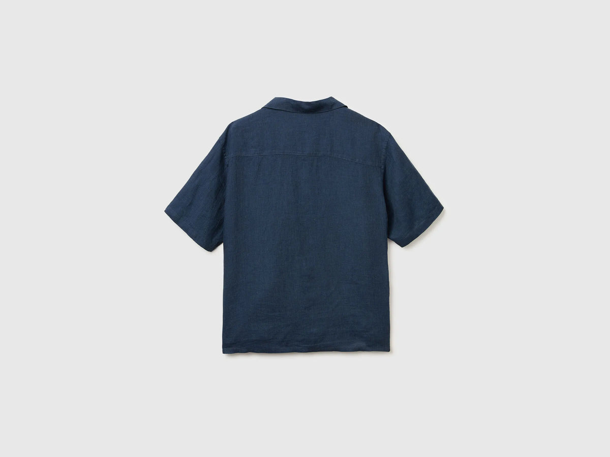 Benetton Dark Blue Men 100% Linen Short-Sleeved Shirt SKU: 5BKUUQ06S_904 Image 02