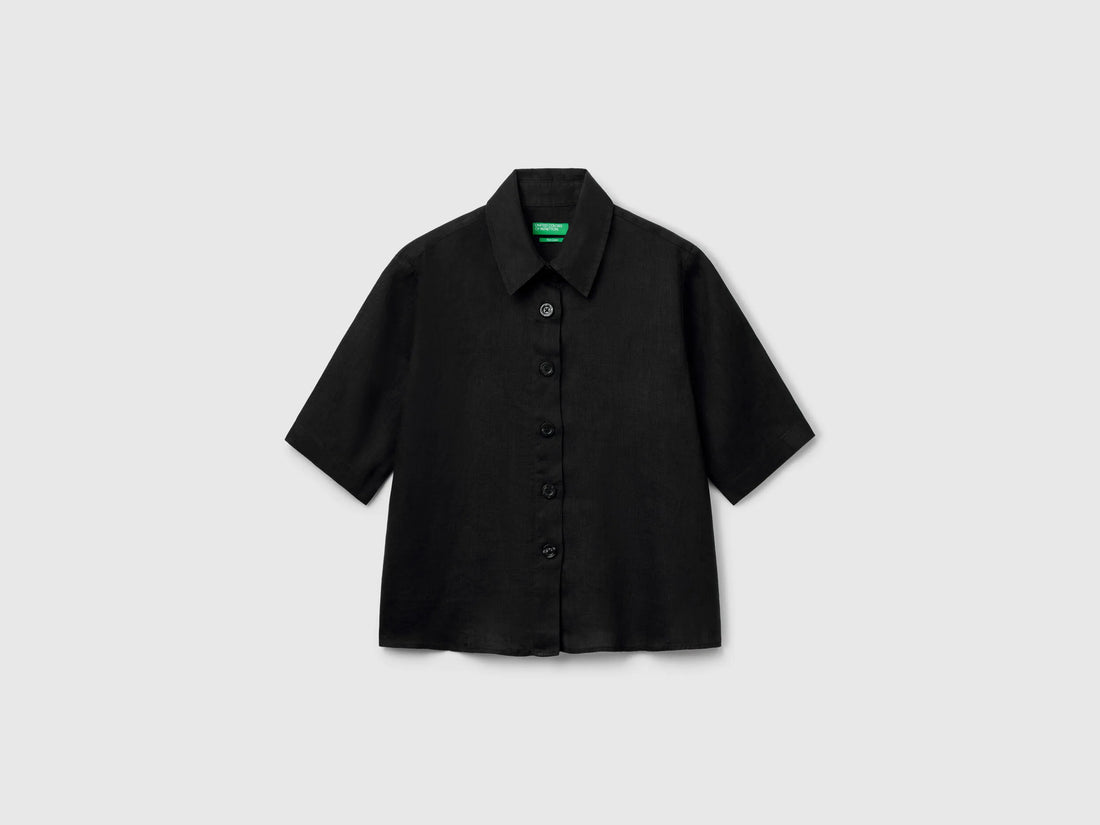 Benetton Black Women Short Shirt in Pure Linen SKU: 5BML5QB75_100 Image 01