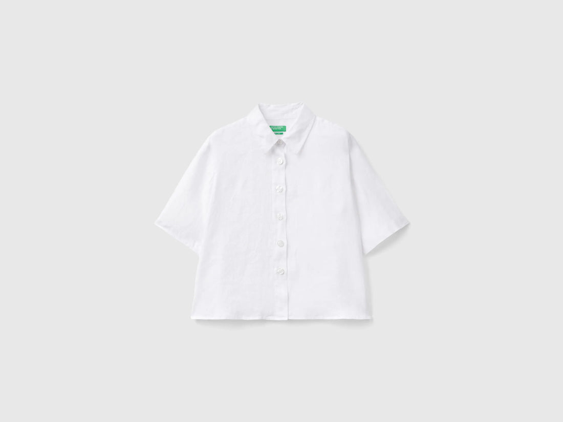 Benetton White Women Short Shirt in Pure Linen SKU: 5BML5QB75_101 Image 01