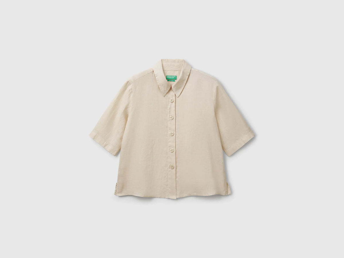 Benetton Beige Women Short Shirt in Pure Linen SKU: 5BML5QB75_152 Image 01