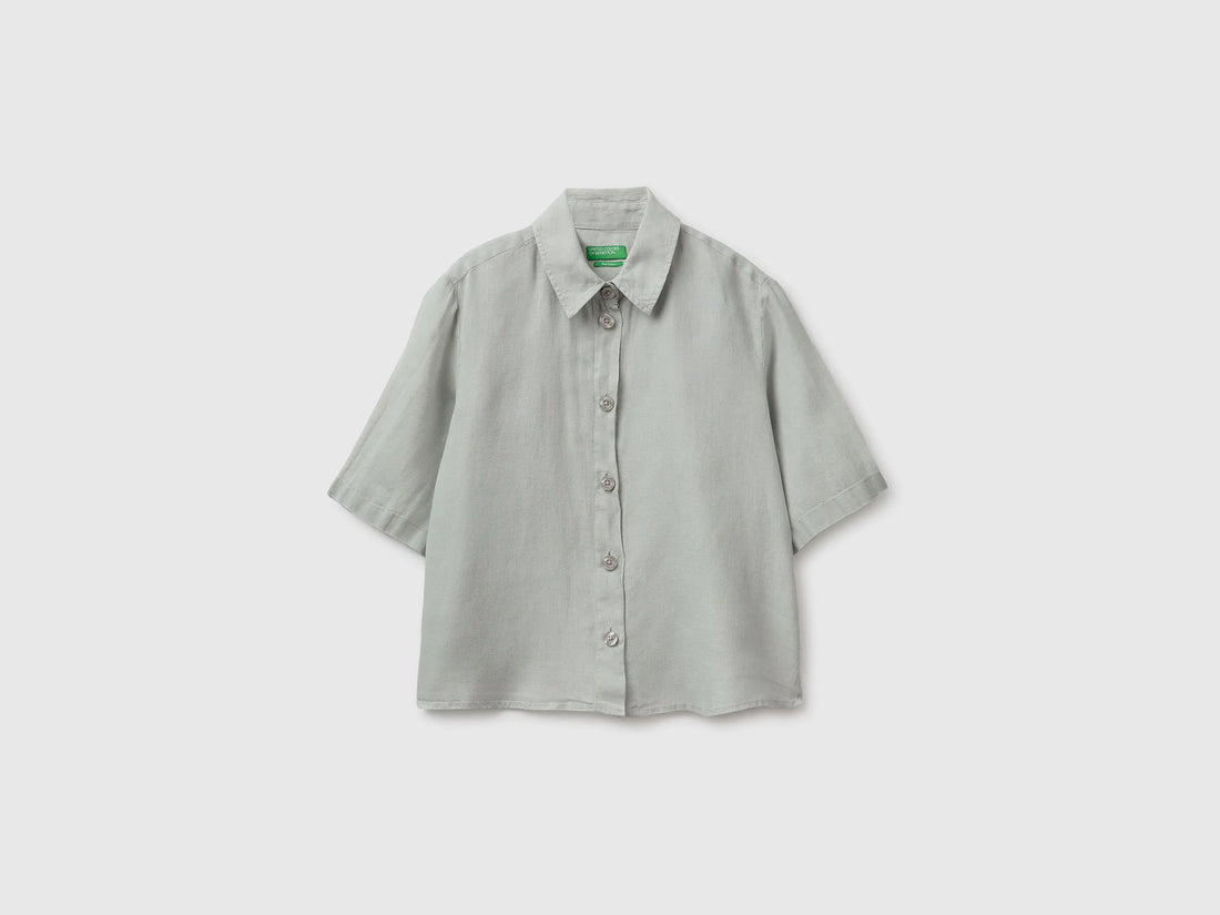 Benetton Light Green Women Short Shirt in Pure Linen SKU: 5BML5QB75_17E Image 01