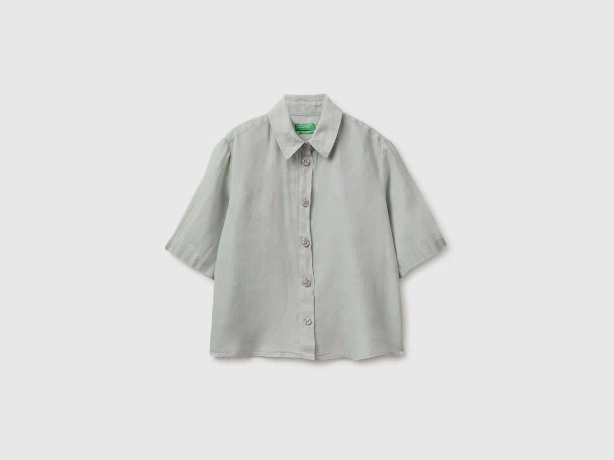 Benetton Light Green Women Short Shirt in Pure Linen SKU: 5BML5QB75_17E Image 01