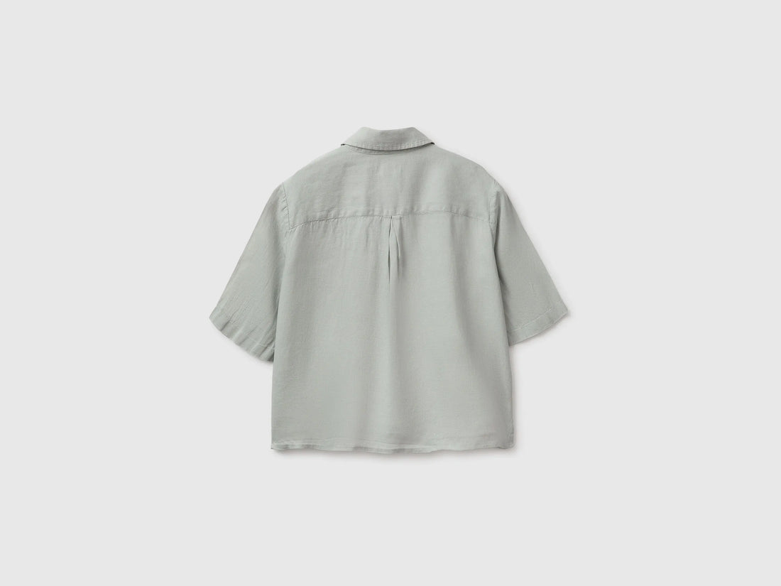 Benetton Light Green Women Short Shirt in Pure Linen SKU: 5BML5QB75_17E Image 02
