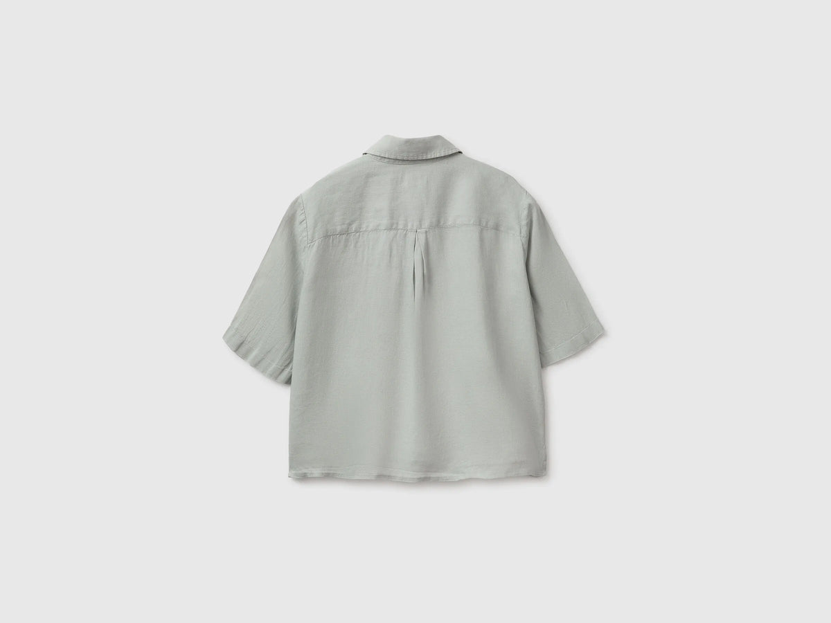 Benetton Light Green Women Short Shirt in Pure Linen SKU: 5BML5QB75_17E Image 02