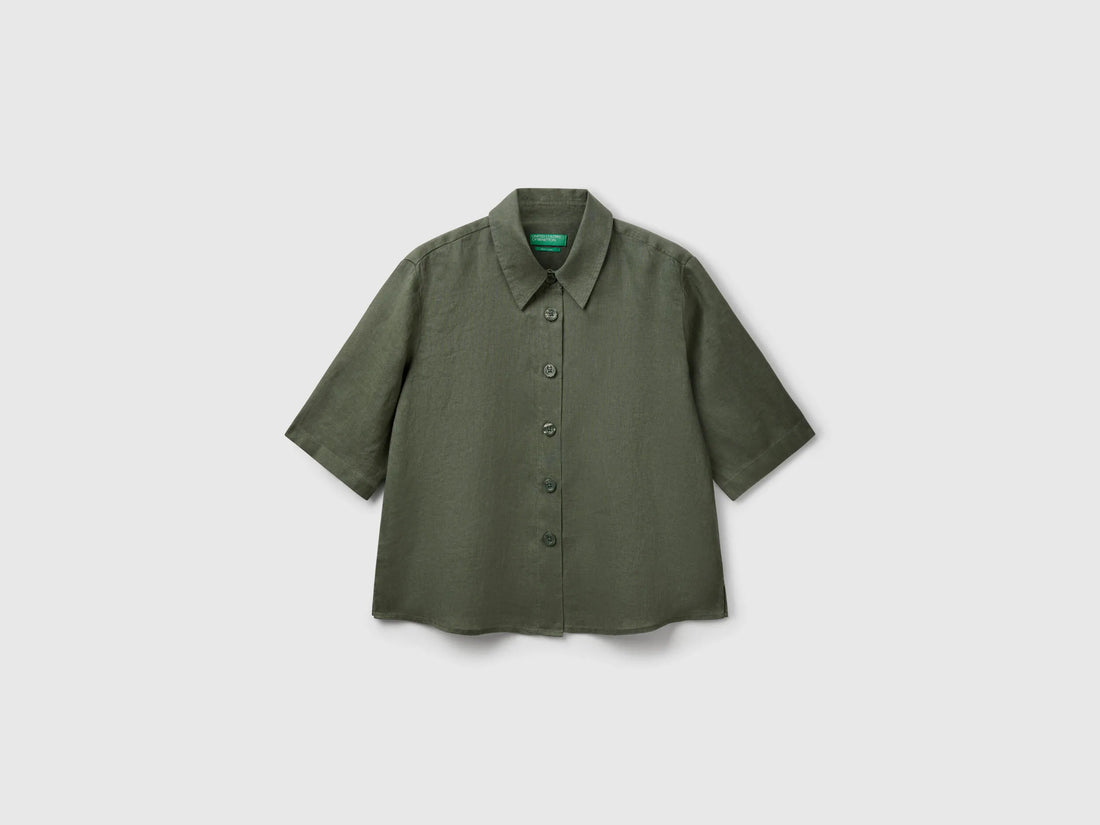 Benetton Military Green Women Short Shirt in Pure Linen SKU: 5BML5QB75_20W Image 01