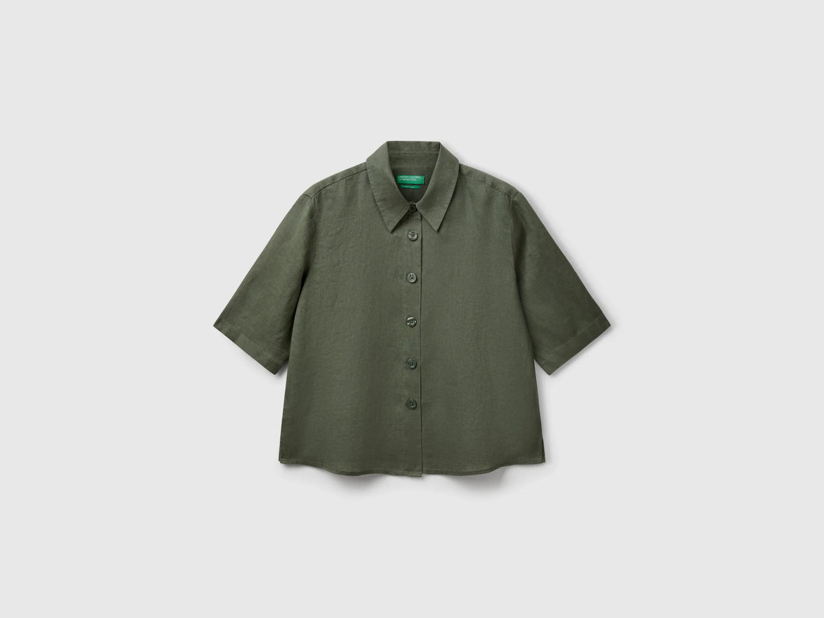 Benetton Military Green Women Short Shirt in Pure Linen SKU: 5BML5QB75_20W Image 01