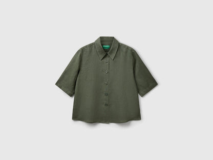Benetton Military Green Women Short Shirt in Pure Linen SKU: 5BML5QB75_20W Image 01