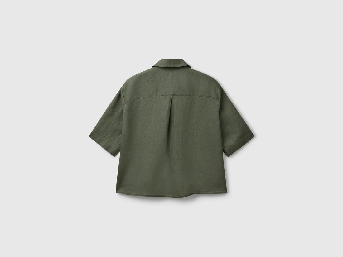 Benetton Military Green Women Short Shirt in Pure Linen SKU: 5BML5QB75_20W Image 02
