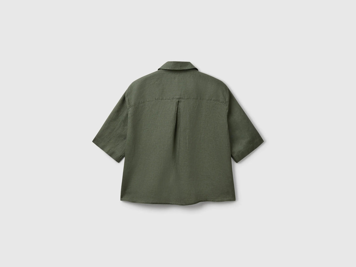 Benetton Military Green Women Short Shirt in Pure Linen SKU: 5BML5QB75_20W Image 02