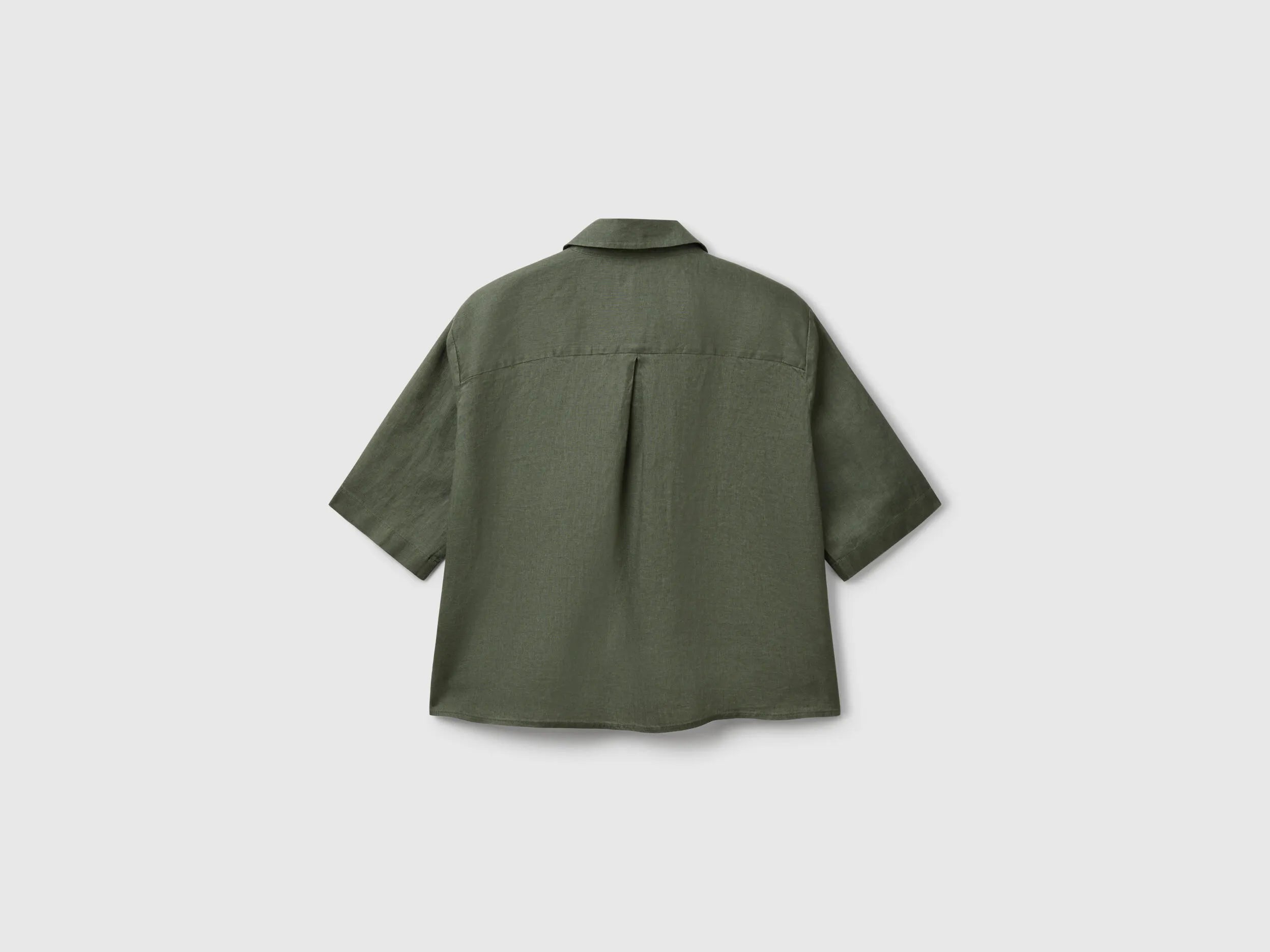 Benetton Military Green Women Short Shirt in Pure Linen SKU: 5BML5QB75_20W Image 02