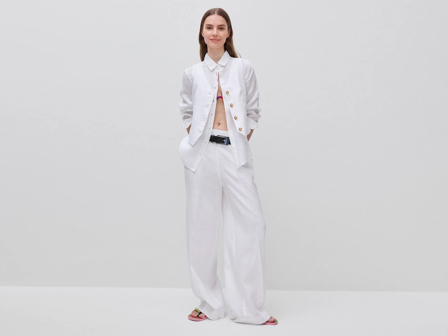 Benetton White Women Regular Fit Shirt in Pure Linen SKU: 5BMLDQ0D9_101 Image 03
