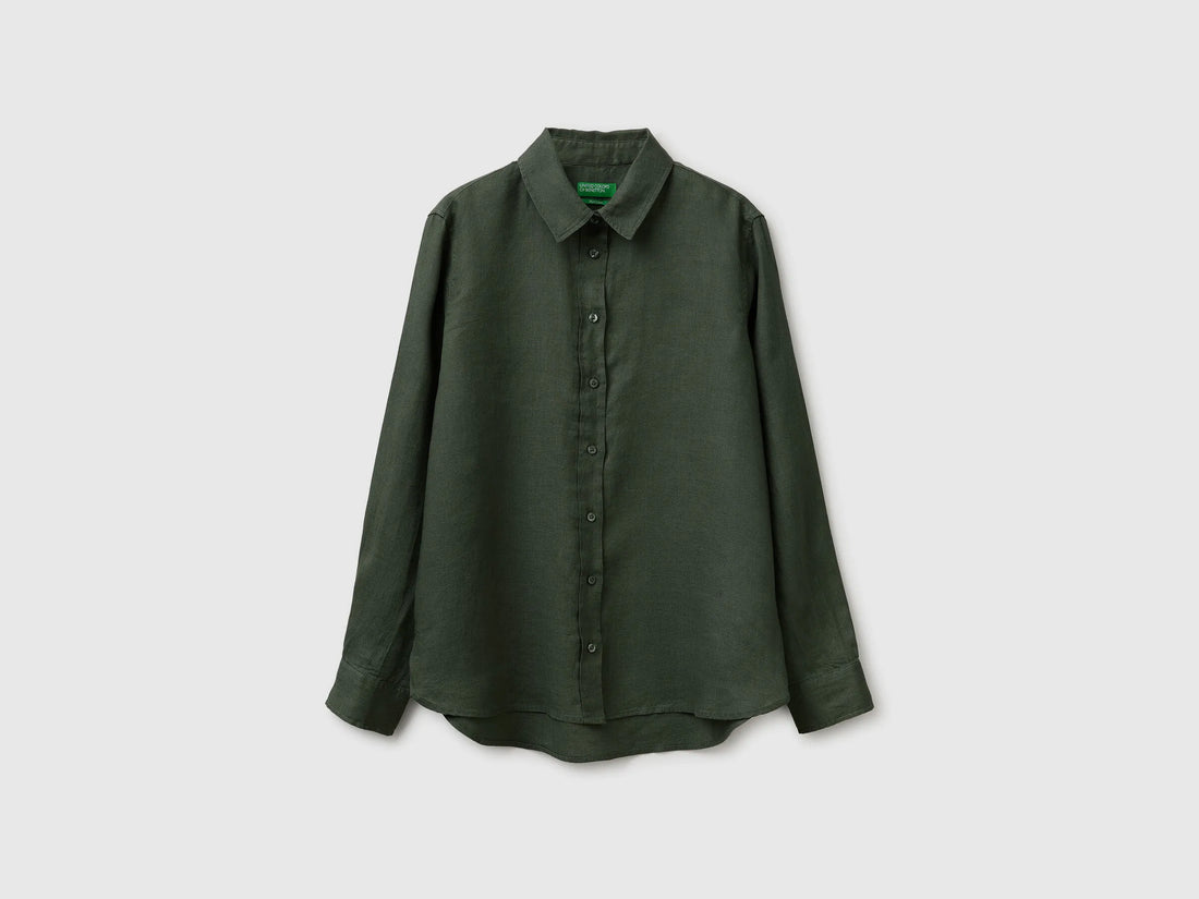 Benetton Military Green Women Regular Fit Shirt in Pure Linen SKU: 5BMLDQ0D9_20W Image 01